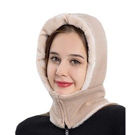 Moonlove Ladies Elegant Knitted Balaclava Hat Women's Scarf Hat Set with Zip Neck Ear Warmer Thick Windproof Fleece Padded Hood Cycling Skiing Hat Winter Outdoor Beige