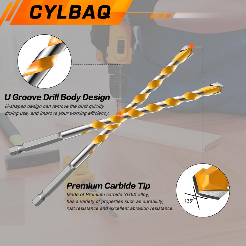 CYLBAQ Carbide Tips Drill Bit Set Hex Shank, 6PCS 160mm