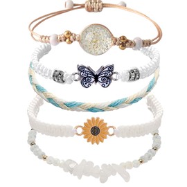 HEYu String beads Charm Bracelets set exquisite Cute Cartoon Daisy Butterfly Flower Beads Bracelets for woman and Adjustable bracelet jewelry birthday Gift For Friends (White set)