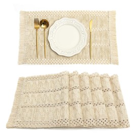 FEXIA Boho Placemats Set of 6, Macrame Table Decor and Farmhouse Style Placemats Natural Cotton Burlap, for Dining Table, Beige