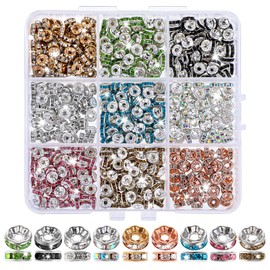 Nogeqi 810 pieces spacer beads for bracelets, rhinestone beads for threading clay beads, rondelle spacer beads, rhinestones beads for bracelets, earrings, necklace, jewellery making (9 colours)