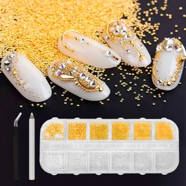 2 Boxes of 3D Nail Art Metal Silver and Mini Caviar Beads, semi-Circular Beige Flat Back Pearls, DIY Decorative Accessory Set with Tweezers
