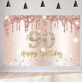 Happy 90th Birthday Decorations Backdrop Banner for Women Happy 90 Years Old Party Sign Poster Woman 90th Birthday Rosegold Photography Background 90th Birthday Party Supplies, 150x90cm