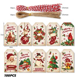 Vordpe Pack of 100 Christmas Gift Tags, Christmas Tags Kraft Paper Gift Tags with 100 Pieces Twine for Christmas Decoration Gift Wrapping (E)