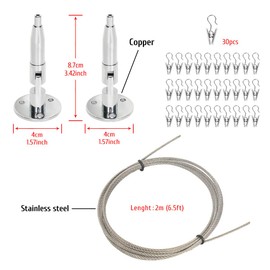 Kids Art Hanging Wire Organizer with Clips, Project Wall Display Cable, 6.5 ft Long Stainless Steel, 30 Clips, Length Adjustable, Rustless, 88 lb Load for Photos Painting Document Room Divider(2 Pack)