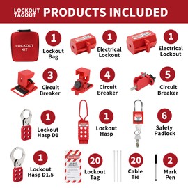 HiLKCO 66Pcs Lockout Tagout Kit Electrical Loto,Lock Out Tag Out Kits Safety Devices,Padlocks,Clamp-On Multi-Pole Circuit Breaker Lock,Lockout Hasps,Plug Lock,Lockout Tags,Red Pocket Bag