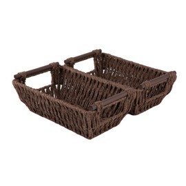 OIAHOMY Small Storage Baskets, Paper Rope Wicker Organizers with Wooden Handles, Baskets for Organizing, 2-Pack, Brown