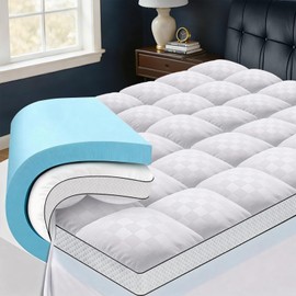 Easthome Queen Size Dual Layer 4 Inch Memory Foam Mattress Topper, 2 Inch Gel Memory Foam and 2 Inch Pillow Top Mattress Pad Cover, Thick Soft Bed Topper Medium Support for Back Pain, White