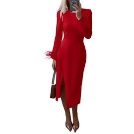 PRETTYGARDEN Women's 2024 Fall Long Sleeve Dress Formal Midi Bodycon Wrap Slit Feather Elegant Wedding Guest Cocktail Dresses (Red,Small)