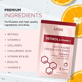 AZURE Almohadillas antienvejecimiento para debajo de los ojos con retinol y vitamina C, parches hidratantes y refrescantes para máscara de ojos, reduc