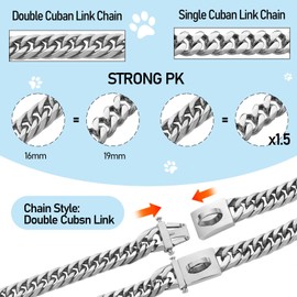 BAOBOTE Silver Chain Dog Collar,16MM 18K Silver Heavy Duty Cuban Link Collar with Secure Snap Buckle Silver Dog Chain Metal Collar Chew Proof for Dogs(22" Silver)