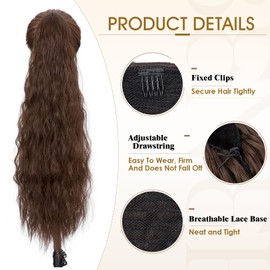 Benehair 32 Inch Long Curly Wavy Drawstring Ponytail Extension Synthetic High Puff Ponytail Hair Pieces, Smooth &Soft Brown Ponytail Hair Extensions for Women Daily Use (32", #8B Chestnut Brown)
