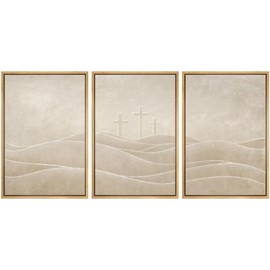 SIGNWIN Framed Canvas Print Wall Art Set Christian Cross Hill Minimalist Beige Religious Illustrations Modern Art Contemporary Minimal Ultra for Living Room, Bedroom, Office - 16"x24"x3 NATURAL