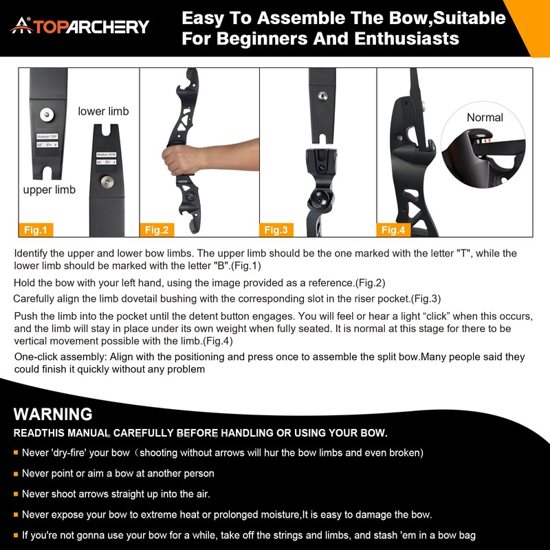 TOPARCHERY 62" Black Hunter Recurve Bow, ILF Interface Shock Absorption