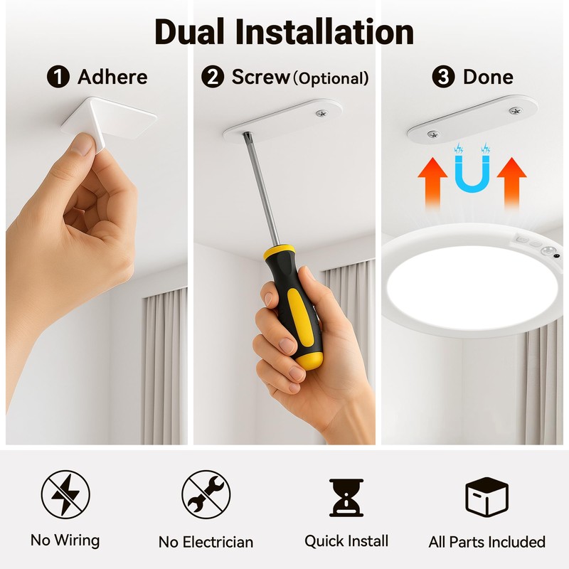 Wireless Closet Lights Motion Sensor - No Wiring Rechargeable Ceiling