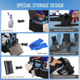 SCAVATA Wearable Cleaning Caddy, Cleaning Caddy Supplies Organizer with Handle & Shoulder Straps for Housekeepers, Under Sink & Car Cleaning Tool Organizers Bag with 4 Foldable Divider (Blue)