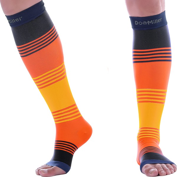 Doc Miller Open Toe Compression Socks Women and Men 8-15mmHg, Toeless Compression Socks Women, Support Circulation Shin Splints and Calf Recovery, Varicose Veins, 1 Pair Sun Stripes XX-Large