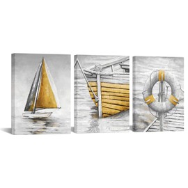LevvArts Grey and Yellow Bathroom Wall Art Fishing Boat Painting Canvas Prints Modern Nautical Pictures Artwork for Bedroom (Yellow)