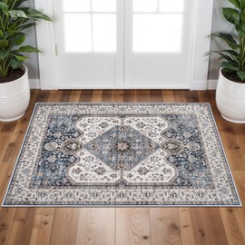RUUGME Washable 2x3 Area Rug - Boho Rugs for Entry Way Stain Resistant Carpet Vintage Rugs for Bedroom Kitchen Bathroom with Non Slip Backing Floor Decoration Mat 2x3 Navy