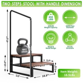 Two steps stool with handle, Steps to high bed and place for The adults & elderly, Metal brackets with soild pine wood steps(650LBs load capacity, Black)
