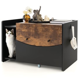 Tangkula Litter Box Enclosure, Hidden Cat Washroom with Pull-Out Drawer, Rolling Caster, Flip Door, Indoor Cat House Side Cabinet, Cat Litter Box Furniture Hidden for Large Cat (Black+Rustic Brown)