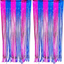 CYBERNOVA Pack of 2 Fringe Curtain Background, 1 m x 2 m Metallic Tinsel Foil Fringe Streamers Curtains Background for Wedding Birthday Anniversary Graduation Party Decoration (Pink-Blue)