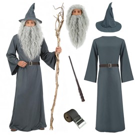 Wizard Costume with Wigs Beards Pagan Tunic Costume Wizard Cloak Cosplay Grey Robe Hat Full Set Outfits for Adult XS