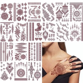 Brown Lace Tattoo Stickers 18 Sheets Water Transfer Fake Temporary Tattoos Kit for Women, Elegant Arm Body Art Stickers with Floral Patterns, Waterproof Mehndi Stencils for Hand & Neck