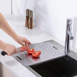 Over The Sink Cutting Board，Expandable Cutting Board Over Sink, Stainless Steel，with Drain Holes, Kitchen Sink Cutting Board，15.75" x 12.8" x 0.47"