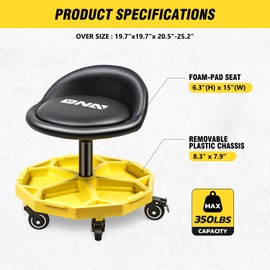 DNA MOTORING 350 LBS Rolling Garage Stool, 20.5'' to 25.2'' Adjustable Height Foam-pad Seat, Round Tools Stool, Heavy Duty 3'' Wheels with 2 Brakes, TOOLS-00431