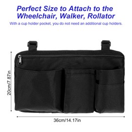 YBEATY Large Walker Bag Folding Walker Tote Pouch Basket Accessories Foldable Wheelchair Side Armrest Storage with Water Cup Holder for Seniors Rollator (Black)