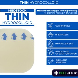 MEDSTOCK Thin Hydrocolloid Dressing, 4"x4" (Pack of 10), Low Exudate Wound Care, Wound Moisture Management, Rapid Healing, Stage I and II Pressure Injury Prevention, Adhesive