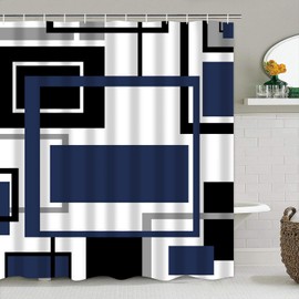 Yddsky 4 Pcs Blue Geometric Shower Curtain Sets with 12 Hooks Non-Slip Rugs U-Shaped Bath Mat, Toilet Cover, Abstract Geometric Modern Black and Blue Bathroom Set