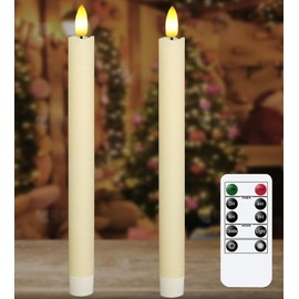 KSWING 2 PCS Upgraded Real Wax LED Flameless Taper Candles with Remote, White Candlesticks Battery Operated Flickering - 9.6” Long Realistic Fake Candle Sticks for Home/Wedding/Fireplace Xmas Decor
