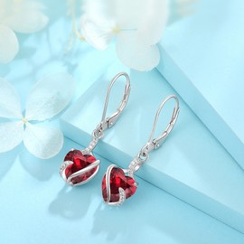 FJ Heart Dangle Drop Earrings 925 Sterling Silver Infinity Leverback Earrings Birthstone Jewelry Gifts for Women, Sterling Silver Cubic Zirconia, Created Ruby