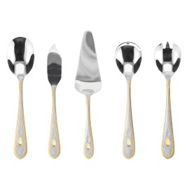 5 Piece Hostess Set - 18/10 Stainless Steel Serving Utensil Set - Gorgeous Vintage Handle with Gold Detailing - Dishwasher Safe - Silver and Gold Flatware Hostess Serveware (Amalfi)