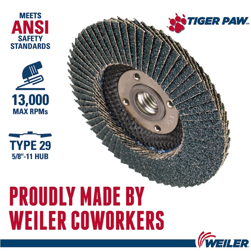 Weiler 51124 4-1/2" Tiger Paw Abrasive Flap Disc, Conical (Ty29),