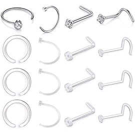Incaton 18G & 20G Clear Nose Stud, Hoop & Ring Stainless Steel & Acrylic Bioflex Flexible Nose Piercings with Shiny CZ