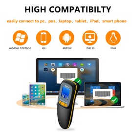 LENVII Mini Wireless Barcode Scanner Bluetooth 3-in-1 Portable Barcode Reader Wireless 1D/2D/QR Code Scanner with Display Barcode Reader Win/Android/iOS for Shop, Supermarket, Warehouse (Black)