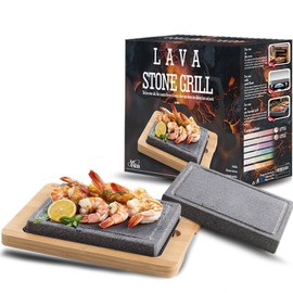 Artestia Lava Stone for Steak with 2PCS Stones, Hot Rock Tabletop Grilling Stones for Wagyu with Bamboo Tray, Mini Pizza Grilling Stones, 8.46"*6.49"