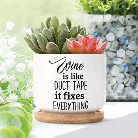 DecStic Wine is Like Duct Tape It Fixes Everything Ceramic Planter Positive Motivational Pots for Plants with Drainage Holes and Saucers Pot for Outdoor Garden Home Plant