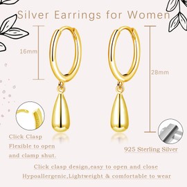 Loutade 925 Sterling Silver Hoop Earrings with Teardrop Dangle, Hypoallergenic Minimalist Gold Charm Dangling Cuff Sleeper Huggie Earrings Gold Lightweight Trendy Jewelry Gifts for Women Girls