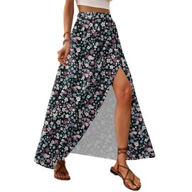 Zeagoo Womens Long Skirt Elegant Summer Skirts A Line Elasticated High Waist Maxi Skirt Floral Flowy Casual Skirts Slit Beach Skirt Black Floral XL