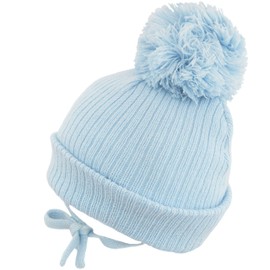 Faith & Sarah Kids Baby Boys Girls Pom Pom Bobble Beanie Hat - Knitted - Chin Tie - Fleece Lined, Blue, 12-18 Months