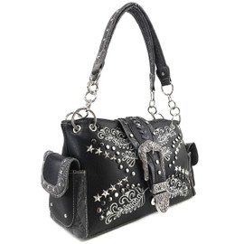 Justin West Buckle Western Floral Damask Embroidery Studs Stars Concealed Carry Handbag Purse (Black Purse Only)