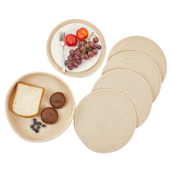 Ladkew Woven Cotton Rope Round Placemats Set of 5 with