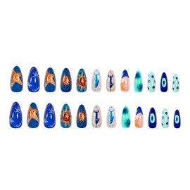 Cute Press on Nails Medium Almond Blue Fake Nails Funny False Nails with Fish Sun Eyes Polka Dots Starfish Designs Fun Stick on Nail Glossy Glue on Nail for Women Girls 24Pcs