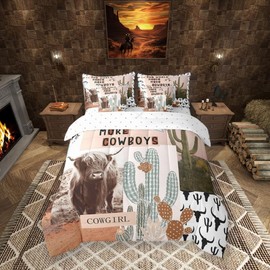 Manfei 7 Pieces Full Size Western Cowboys Kids Comforter Set,Highland Cattle Cactus Bull Skull Bedding Set,Geometric Patchwork Rustic（Comforter+Fitted+Flat Sheet+2 Pillowcases+2 Throw Pillow Covers）