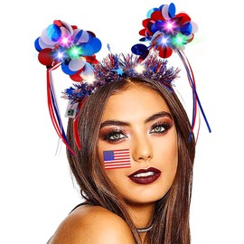 Firuilo 4th of July Light Up Headband Glowing Independence Day Headbands Flashing Pom Pom Hairbands With Tinsel Patriotic Costume Hair Accessories for Women