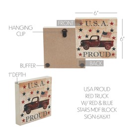 VHC Brands Patriotic My Country USA Proud Red Truck w/Red & Blue Stars MDF Block Sign 6x6x1, Independence Day Decor, Decorative Sign, Rustic Farmhouse Fourth of July Decorations